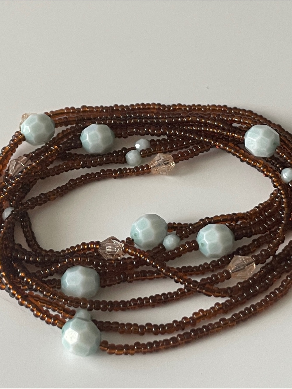 Seed Bead Single Strand Necklace or Wrap Bracelet Brown and Light Blue Beads